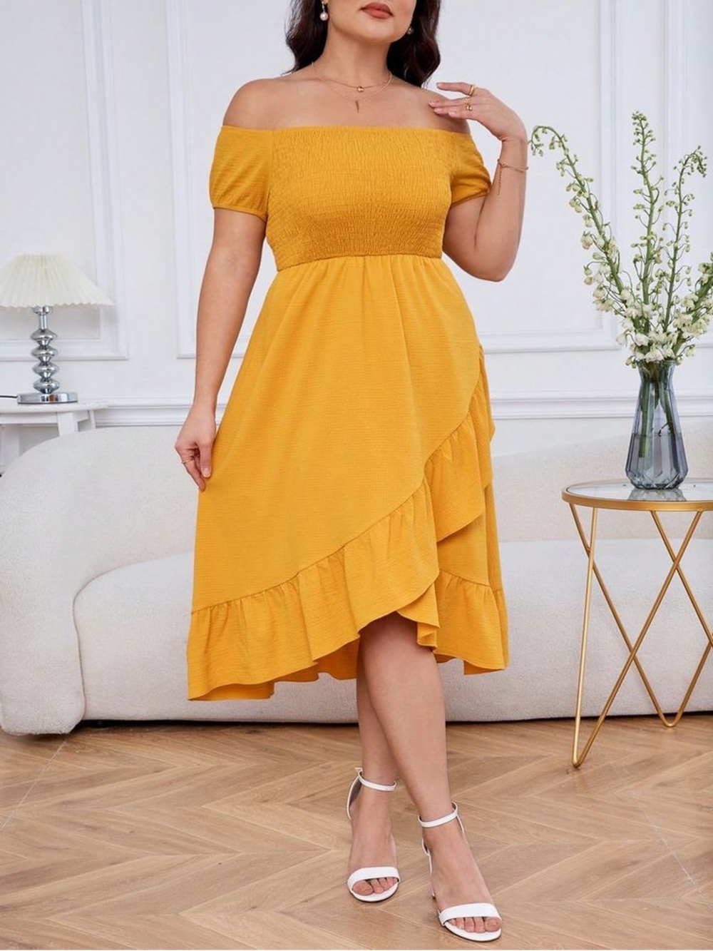 (NEW) Off-Shoulder Mustard Ruffle Midi Dress